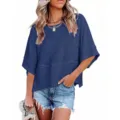 Damen Freizeit Lose Einfarbig Geteilte Schlagarm T-Shirt Blaue Variante Outfit - S / Oberteile / Marineblau