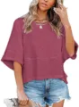 Verano Casual Color Sólido Cuello Redondo Media Manga Camiseta Holgada Burdeos Estilo - Fucsia