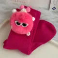 Cute pink pom-pom mid-tube socks for women, Korean style quirky doll design fashion hosiery. - One Size 34-39 / Rose Red