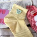 Yellow mesh short socks for women, cute bear button decoration, breathable cotton summer socks - One Size / Yellow with Green Buttons