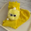 Cute yellow mid-tube socks featuring a fluffy plush doll with mini sunglasses and hat, cozy daily wear. - One Size 34-39 / Light Yellow