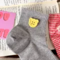 Cute women's short socks featuring a sweet yellow bear button, breathable mesh cotton style. - One Size / Gray with Yellow Buckle