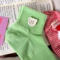 Light green cotton short socks with cute white bear button, soft and breathable ankle socks. - One Size / Green with Beige Buckle