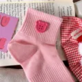 Cute pink cotton short socks featuring a sweet bear button, breathable mesh design for spring. - One Size / Pink with Rose Red Buckle