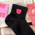 Cute black crew socks featuring a lovely pink bear button, soft breathable cotton daily wear. - One Size / Black with Rose Red Buckle
