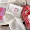 Cute white ribbed short socks for women, featuring a sweet pink bear button design for spring. - One Size / White with Pink Clasp