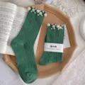 Green pearl beaded mid-tube socks, stylish rhinestone floral cuff knit hosiery for women. - One Size (EU 34-39) / Green