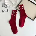 Red pearl embellished crew socks for women, stylish cotton knit hosiery for autumn and winter. - One Size (EU 34-39) / Burgundy