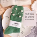 Green pearl ribbed mid-calf socks for women, stylish cotton fashion knit hosiery ins style. - One Size (EU 34-39) / Green