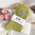 Green rhinestone winking smiley ribbed mid-calf socks cozy winter fashion hosiery. - One Size (EU 34-39) / Light Green