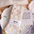 Pearl decorated ribbed mid-tube socks, stylish casual cream cotton knit hosiery for women. - One Size (EU 34-39) / Beige