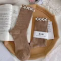 Brown ribbed mid-calf socks with elegant white pearl floral cuffs, cozy vintage daily wear style. - One Size (EU 34-39) / Light Coffee