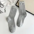 Grey pearl mid-tube socks with elegant rhinestone beaded details for women stylish daily wear - One Size (EU 34-39) / Light Gray