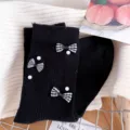 Black Checkered Bow Pearl Mid-Calf Socks Women Sweet Fashion Casual Daily Wear Hosiery - One Size (EU 34-39) / Black