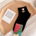 Japanese sweet cute tulip embroidered short socks for women, breathable summer cotton socks. - One Size (EU 34-39) / Black