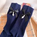 Navy blue ribbed cotton mid-calf socks with black bow and pearl pendants for women sweet - One Size (EU 34-39) / Navy Blue