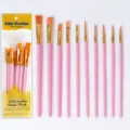 Juego de 10 pinceles de artista con mangos rosa cerdas de nailon para pintura acrílica - Rosa