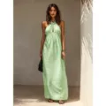 Hellgrünes Baumwoll-Leinen-Halter-Maxikleid für Damen, lässiges ärmelloses Sommerkleid. - Hellgrün