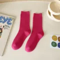 Women pink ribbed mid-calf socks, comfortable casual solid color knitted hosiery daily wear. - Rose Red