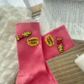 Pink ribbed crew socks with cute silicone letter charms, stylish casual spring hosiery - One Size 34-39 / Watermelon red