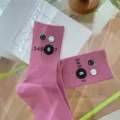 Vintage purple crew socks with stylish smiley face and number prints for women autumn casual wear. - One Size 34-39 / Deep purple