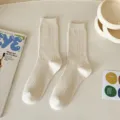 Women's solid color ribbed crew socks, casual Korean style vintage beige socks for daily wear. - Beige