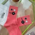 Women pink slouch socks cute smiley face number print casual preppy mid tube socks - One Size 34-39 / Watermelon red