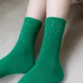Green crystal rhinestone ribbed crew socks for women, stylish fashion casual daily wear main view - One Size (EU 34-39) / Dark Green