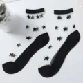 Women Japanese sheer crystal silk mid tube socks with black stars pattern thin summer socks - One Size 34-39 / Black