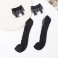 Summer women's thin glass silk socks with elegant black lace trim and comfortable cotton bottom. - One Size (EU 34-39) / Black with White Silk