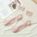 Women sheer crystal silk crew socks with cute lace ruffles, breathable spring summer hosiery. - One Size (EU 34-39) / Pink