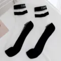 Transparent crystal silk short socks with double stripes and letter print, anti-slip cotton bottom. - One Size 34-39 / Black