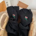 Black mid-calf socks featuring cute tulip embroidery and cozy rolled cuffs for sweet daily wear. - One Size 34-39 / Black