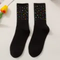 Black mid-tube socks for women featuring colorful hot-drilling rhinestones and high elastic cuffs. - One Size (EU 34-39) / Black