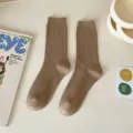 Brown ribbed crew socks for women, solid color knit cotton blend casual daily socks. - Light Coffee