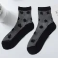 Women black sheer crystal silk mid-tube socks with floral pattern and cotton bottom. - One Size 34-39 / Black with Black Silk