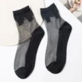 Summer black sheer lace socks for women, breathable thin crystal silk cotton bottom design. - One Size (EU 34-39) / Black with Black Silk