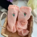 Pink sheer mid-tube socks with cute tulip embroidery, sweet Japanese style breathable women socks - One Size 34-39 / Pink