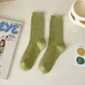 Green ribbed mid-calf socks for women, solid color casual daily wear knit cotton hosiery. - Light Green