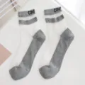 Transparent glass silk short socks for women with grey cotton bottom and letter print. - One Size 34-39 / Gray