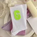 Casual college style ribbed tube socks with neon green letter G patch, soft cotton. - One Size 34-39 / White Socks Fluorescent Green G