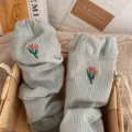 Light green mid-calf socks featuring cute tulip embroidery, soft and stylish for daily wear. - One Size 34-39 / Gray