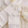 Women pearl lace ruffle white mid-calf socks sweet college style cute fashion hosiery for girls - One Size (EU 34-39) / White