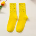 Women yellow crew socks with colorful rhinestones hot fix stylish spring casual hosiery. - One Size (EU 34-39) / Yellow