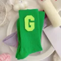 Green varsity letter G ribbed mid-calf socks, stylish Japanese college fashion hosiery for women. - One Size 34-39 / Grass Green Fluorescent Green G