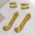 Sheer crystal silk socks for women, yellow cotton bottom, striped and letter design. - One Size 34-39 / Yellow