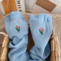Light blue mid-calf socks with cute tulip embroidery, cozy sweet style cotton hosiery. - One Size 34-39 / Blue