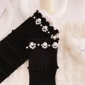 Black ruffle crew socks for women, featuring elegant faux pearl embellishments and cute design. - One Size (EU 34-39) / Black