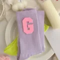 Women aesthetic college style knit socks featuring trendy pink letter patch for daily casual wear. - One Size 34-39 / Light Purple Pink G