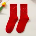 Red rhinestone mid-calf socks for women, stylish elastic knit hosiery for spring and autumn. - One Size (EU 34-39) / Red